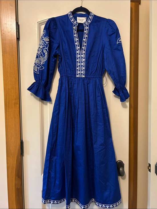 Hyacinth House Dresses & Skirts - Hyacinth House Blue Embroidered Midi Dress with White Trim by Winchester